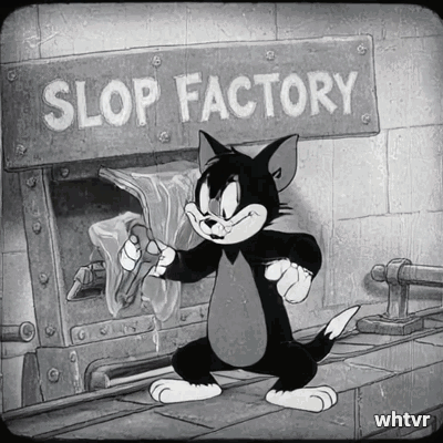 in the style of old school cartoon, black and white of a cartoon cat working in a factory called slop factory. The character is working at a machine thats oozing out slime on a conveyor belt.