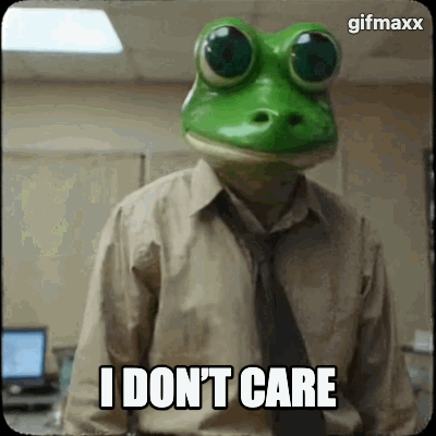 Office worker with a frog head saying “I don’t care” while shrugging, 90s handicam aesthetic