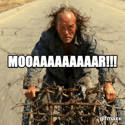 a crazed, cracked out homeless guy driving an insane mad max homeless man bicycle while screaming "MOAR!!!!"