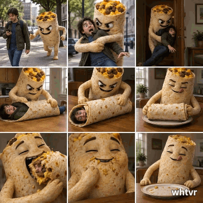 A breakfast burrito snatches a human walking down the street, brings him inside and rolls him up in a tortilla, making a human burrito and eats it