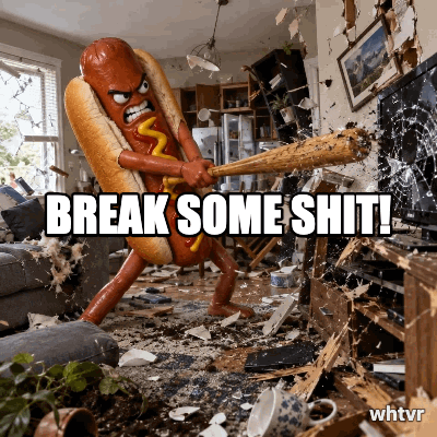 A hot dog with a baseball bat smashing up everything in the house