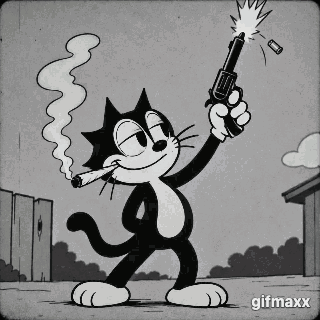 black and white, old school cartoon, of a cat smoking a joint and firing off a gun in the air