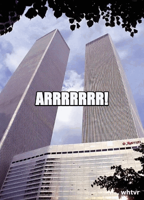 A pirate looking at the camera in shock as a plane hits the tower of the world trade center. This attached picture are the towers, use this for the background