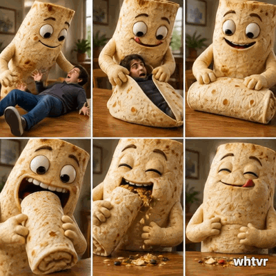 A burrito rolling up a human in a tortilla and eating it.