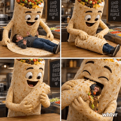 A burrito rolling up a human in a tortilla and eating it.