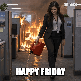 female office worker walking down a row of office cubicles, dumping out a gasoline can on the floor as she goes, devious look in her face, flames starting behind her in her wake