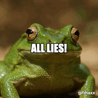 A frog shaking his head saying "All Lies"