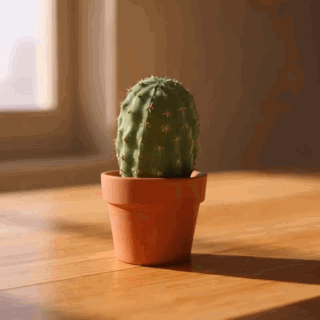 a tiny cactus in a clay pot slowly nodding, soft window light, stop-motion feel