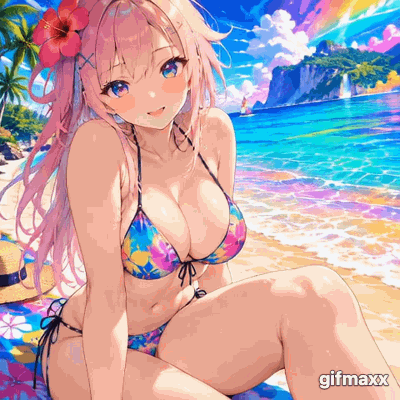 anime waifu on technicolor beach
