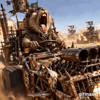 a crazed, cracked out rodent driving an insane mad max type vehicle while screaming "MOAR!!!!"