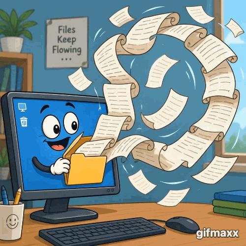 A cartoon computer monitor opens a folder icon, and an endless cascade of paper scrolls shoots out, fluttering before looping back into the folder.