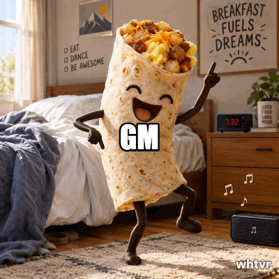 A breakfast burrito getting out of bed and dancing