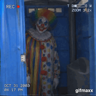 clown standing in a port-o-potty, smiling wide, vhs camcorder footage aesthetic, camcorder zoom