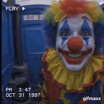 clown standing in a port-o-potty, smiling wide, vhs footage aesthetic, zoom in