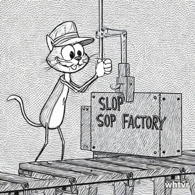 in the style of old school cartoon, black and white of a cartoon cat working in a factory called slop factory. The character is working at a machine . The cat pulls the lever and every time it pulls the lever and glob of slop/slime comes down on a moving conveyor belt.