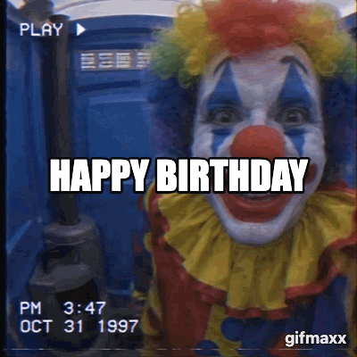 clown standing in a port-o-potty, smiling wide, vhs footage aesthetic, zoom in
