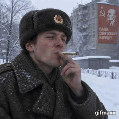 Soviet man smoking a joint outside in the winter